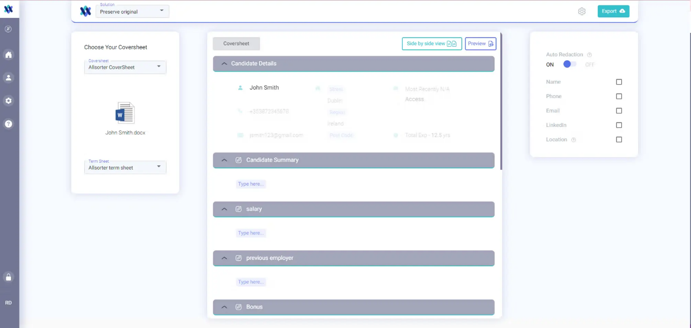 Allsorter CV formatting interface