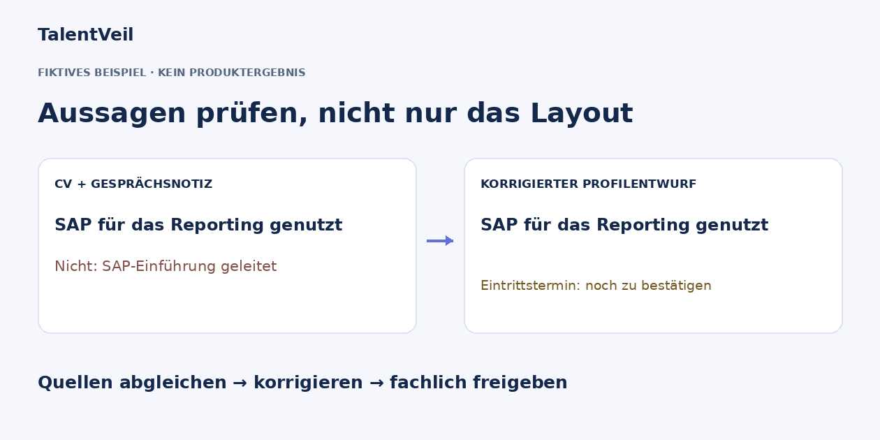 Fiktiver Quellenabgleich: SAP-Nutzung im Reporting wird nicht zur Leitung einer SAP-Einführung. Der Eintrittstermin bleibt offen.