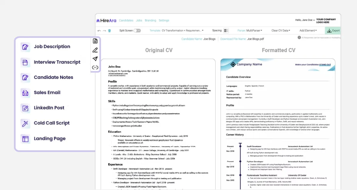 HireAra dashboard for candidate presentation, CV formatting and recruitment workflow