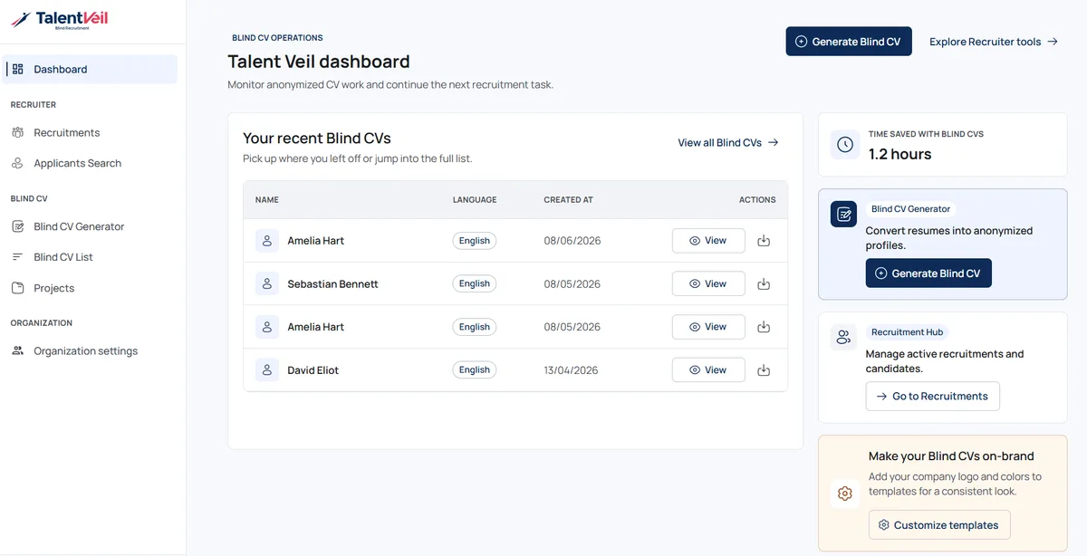 Talent Veil dashboard for CV standardisation, branded templates and candidate profile management